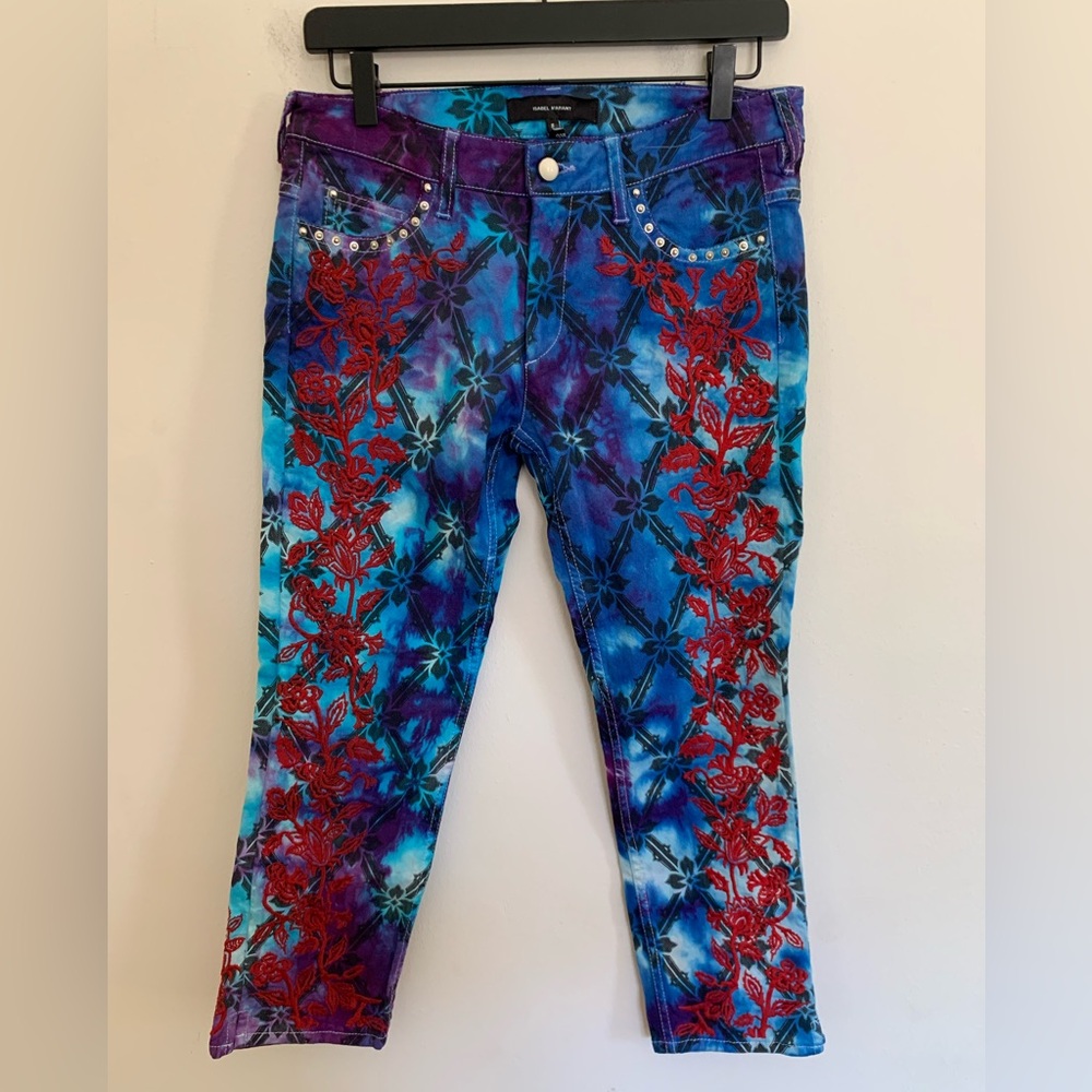Isabel Marant Embroidered Tie Dye Multicolor Denim Jeans Size FR 38/ US 6